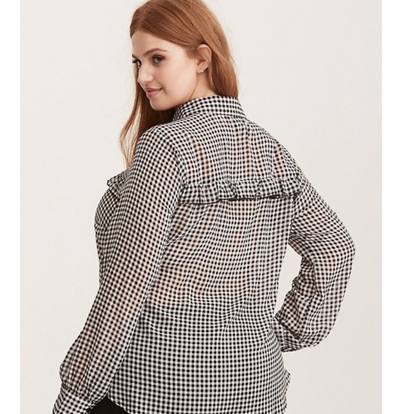 Torrid Blouse Black and White sheer gingham Ruffled Shirt - Picture 2 of 9